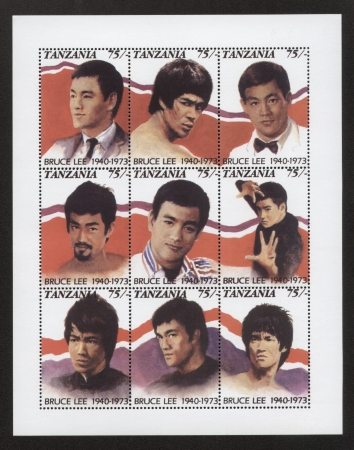 Bruce Lee  Tanzania Postage Stamps, panel of 9 stampsのeditorial素材