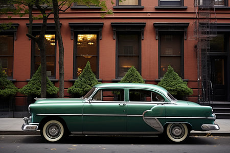 Vintage Green Automobile Presides in Front of New York City's Iconic Brick Buildingの素材