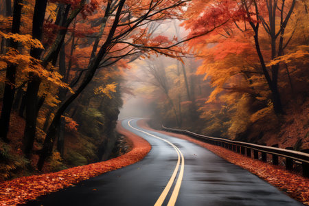 Enchanting Autumn Path: A Misty Mountain Road Adorned with Radiant Fall Foliageの素材