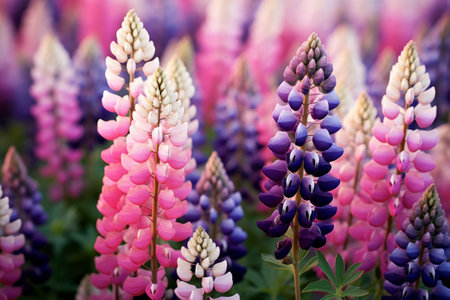 Bursts of Color: Lupine Flowers Paint a Field in Shades of Pink and Purpleの素材