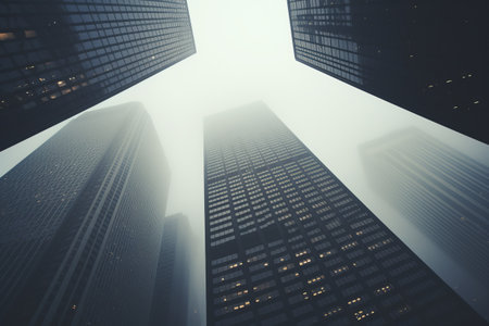 Mystical Skyscrapers: A Captivating Low-Angle Shot on a Foggy Dayの素材