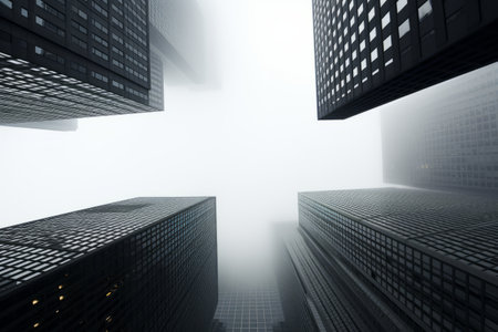 Majestic Skyscrapers Veiled in Enigmatic Fog: A Captivating Low-Angle Viewの素材
