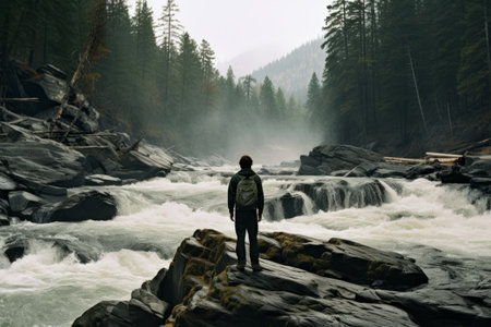Solitude Amidst Nature's Rush: A Lone Figure Balanced on Rocky Precipices in the Untamed Riverの素材