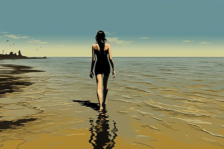 Serenity in Shades: A Captivating Moment of a Woman in a Black Swimsuit Embracing the Seaの素材