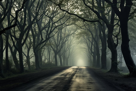 Mystical Dawn: Capturing the Beauty of a Road Enveloped in Morning Mistの素材