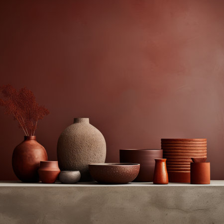 Ceramic Oasis: Immersive Mid Century Modern Experience in Dark Red with Concrete Texture - 8K Photorの素材