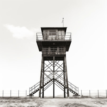 Sentinel of Captivity: A Gritty Monochrome Capture of a Prison Watch Towerの素材