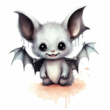 Whimsical Halloween Vampire Bat: Adorable Watercolor Clipart on Pure White Backgroundの素材