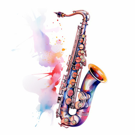 Serenading Waves: Saxophone Delight in Watercolour Elegance, Pastel Hues on a White Canvasの素材