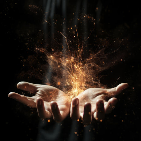 Fierce Illumination: Electrifying Sparks Emanating from Hands Against a Mysterious Black Backdropの素材