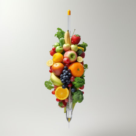 The Fruity Injection: Hyper Realistic HD Image of a Medical Hypodermic Syringe Filled with Colorfulの素材