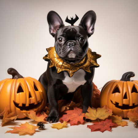 Pawsome Halloween Delight: French Bulldog Dons Spider or Bat Costume amidst Fall Foliage and Pumpkinの素材
