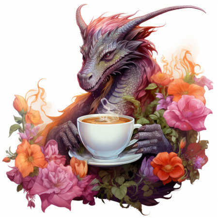 Majestic Dragon Savoring a Coffee in a Vibrant Garden Oasisの素材