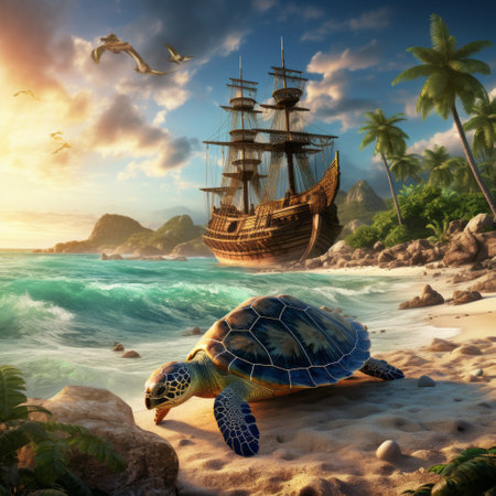Enchanting Encounter: Sea Turtles Roaming a Pirate's Paradiseの素材