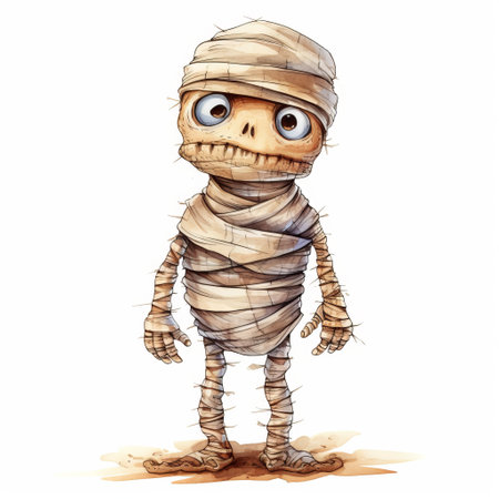 Whimsical Watercolor Clipart: Adorable Cartoon Halloween Mummy on a Pure White Backgroundの素材