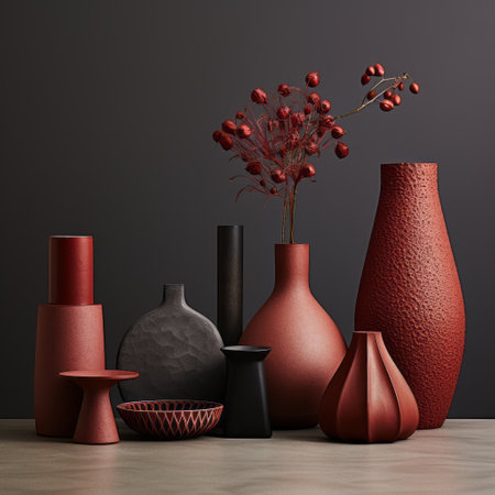 Ceramic Haven: Embracing Mid Century Modern Aesthetics with Dark Red Hue and Photorealistic Eleganceの素材