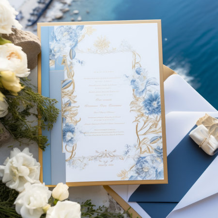 Opulent Elegance: Luxurious Wedding Invitations Gilded in Gold and White, Set against a Breathtakingの素材