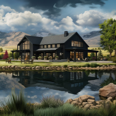 Lakeside Haven: Exquisitely Detailed Black Barndominium amidst Majestic Mountainsの素材
