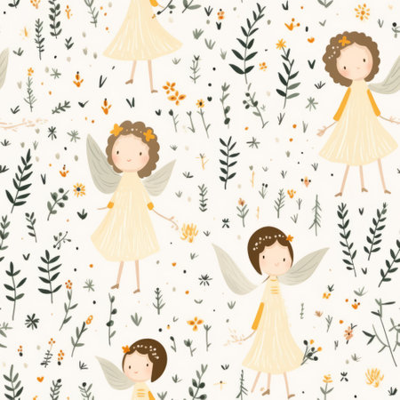 Whimsical Delicacy: Dainty Flowers, Angelic Motifs, and Liberty Floral Patterns on a Pale Backgroundの素材