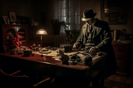 The Dark Shadows: Captivating 1950s-style Noir Detective in a Late Night Phone Call from the Vintageの素材