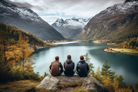 Capturing Unforgettable Moments: Friends Basking in the Beauty of a Nordic Mountain Lake in a Natureの素材