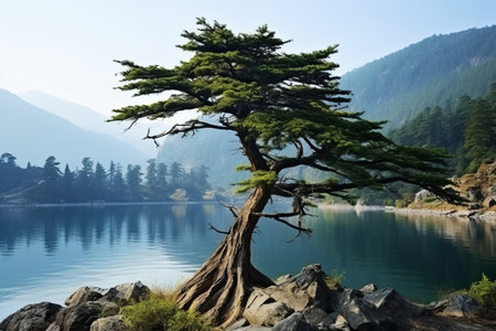 Cedar Coniferous Serenity: A Captivating Branch over a Majestic Mountain Lakeの素材