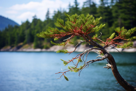 Cedar Coniferous Majesty: A Serene Mountain Lake Embraces a Branch of Nature's Beautyの素材
