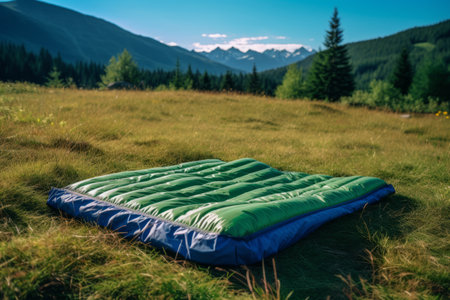 Nature's Comfort: A Dreamy Encounter - Down Sleeping Bag and Inflatable Blue Hiking Mat Amidst Lushの素材