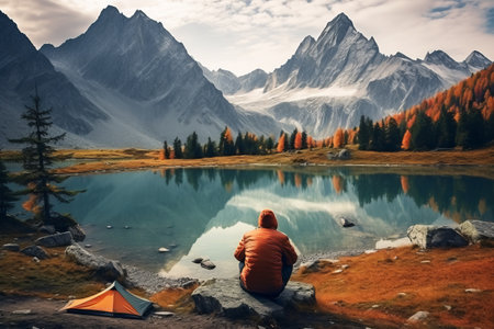 Serene Reflections: The Majestic Mountain Lake Embraces a Contemplative Adventurerの素材