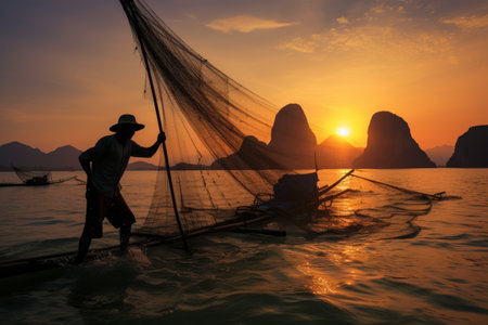 Catching Bounty from Thailand's Seas: Witness a Fisherman Hauling Fishing Nets - AR 3:2 Photographyの素材