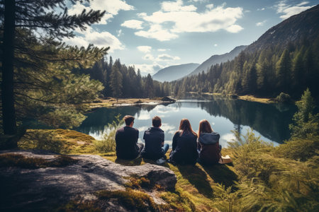 Capturing Moments of Joy: Friends Enthralled by the Breathtaking Mountain Lake in a Nordic Nature Paの素材