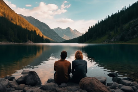 Romantic Getaway: A Couple Embracing Love Amidst Northern Mountain's Breathtaking Viewsの素材