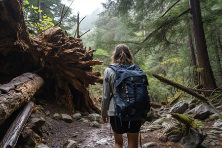Adventurous Girl Overcomes Nature's Challenges: Trekking through a National Park Despite Fallen Obstの素材