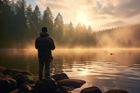 Capturing the Serene Thrill: A Man Engages in Recreational Fly Fishing or Spinning on a Majestic Mouの素材