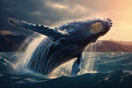 A Breathtaking Capture: AI-Generated Photo Unveils a Majestic Humpback Whale Leaping Across the Seaの素材