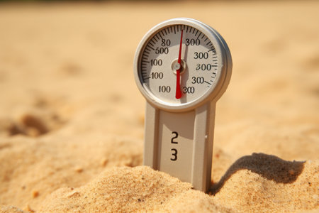 Capturing the Scorching Heat: A Closeup Shot of a Thermometer in the Beach Sandの素材