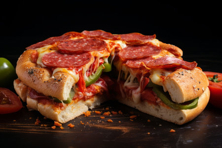 Deliciously Classic: A Mouthwatering Photo of Freshly Cut Pepperoni Pizza Topped with Green Pepper Rの素材