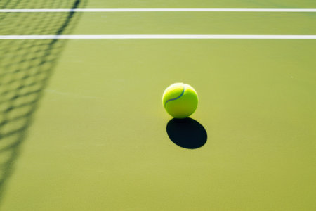 Capturing the Perfect Match: A Vibrant Tennis Racket and Fresh Ball Set on a Newly Painted Courtの素材
