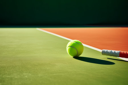 Capturing the Grace of the Game: Tennis Racket and Fresh Tennis Ball on a Newly Painted Courtの素材