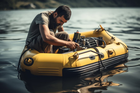 Pumping Life into Adventure: Closeup of a Man Inflating a Rubber Boat with Precisionの素材