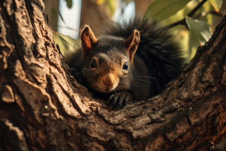 Surreal Serenity: A Captivating Portrait of a Black and Brown Squirrel in Shadowの素材