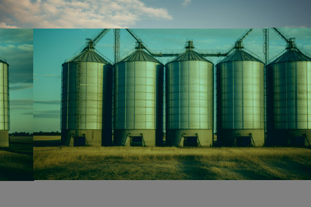Capturing the Serenity of A Rural Silo Landscape: Stunning Exterior Shot of Agricultural Silosの素材