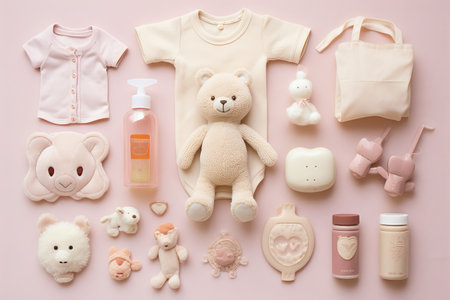 Captivating Flat Lay of Must-Have Baby Care Accessories for Adorable Photoshootsの素材