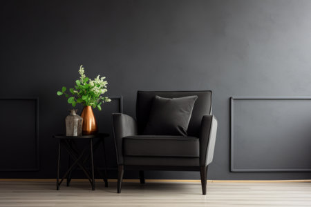 Captivating Black Living Room: A Stunning Armchair and Copy Space Delightの素材