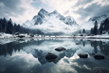 Majestic Mountain Reflections: A stunning photograph of the 01666 03 sceneryの素材