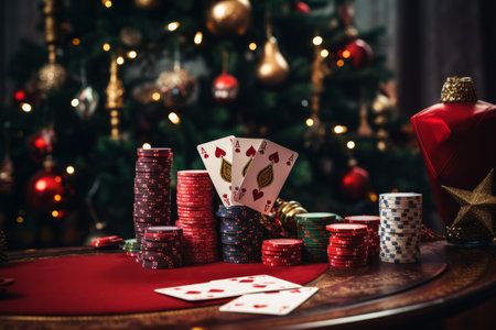 Christmas Casino: Playing Cards and Poker Chips Spark Festive Spirit Near a Glowing Christmas Treeの素材