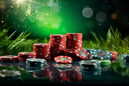 Unveiling the Alluring Blend: Poker Chips on a Green Table and Black Bac 02406 00の素材