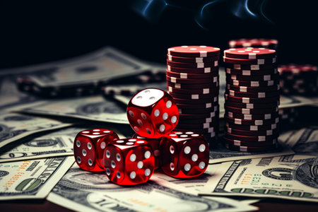 Rolling the Money: Exploring the Casino Concept with Red Dice and Cash Stacksの素材