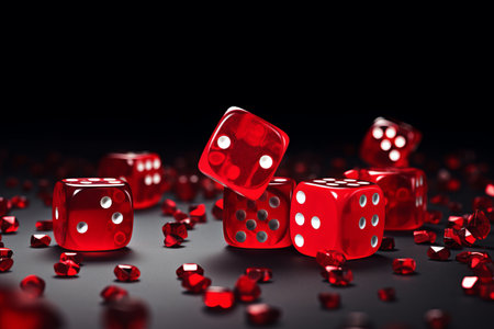 Vibrant Red Dices Cascading on a Sleek Grey Canvas (AR 32 02524 00)の素材