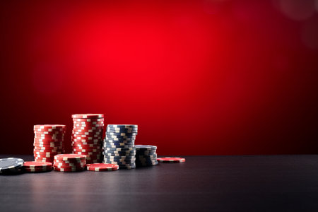 Gambling Fun: Vibrant Red Felt Table with Poker Chips and Copy-S 02526 01の素材